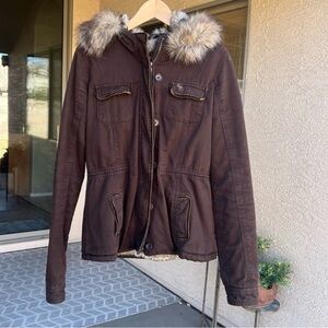 Abercrombie & Fitch Y2K Fur Trim Hooded Jacket | Brown | L | Rare Vintage 2000s